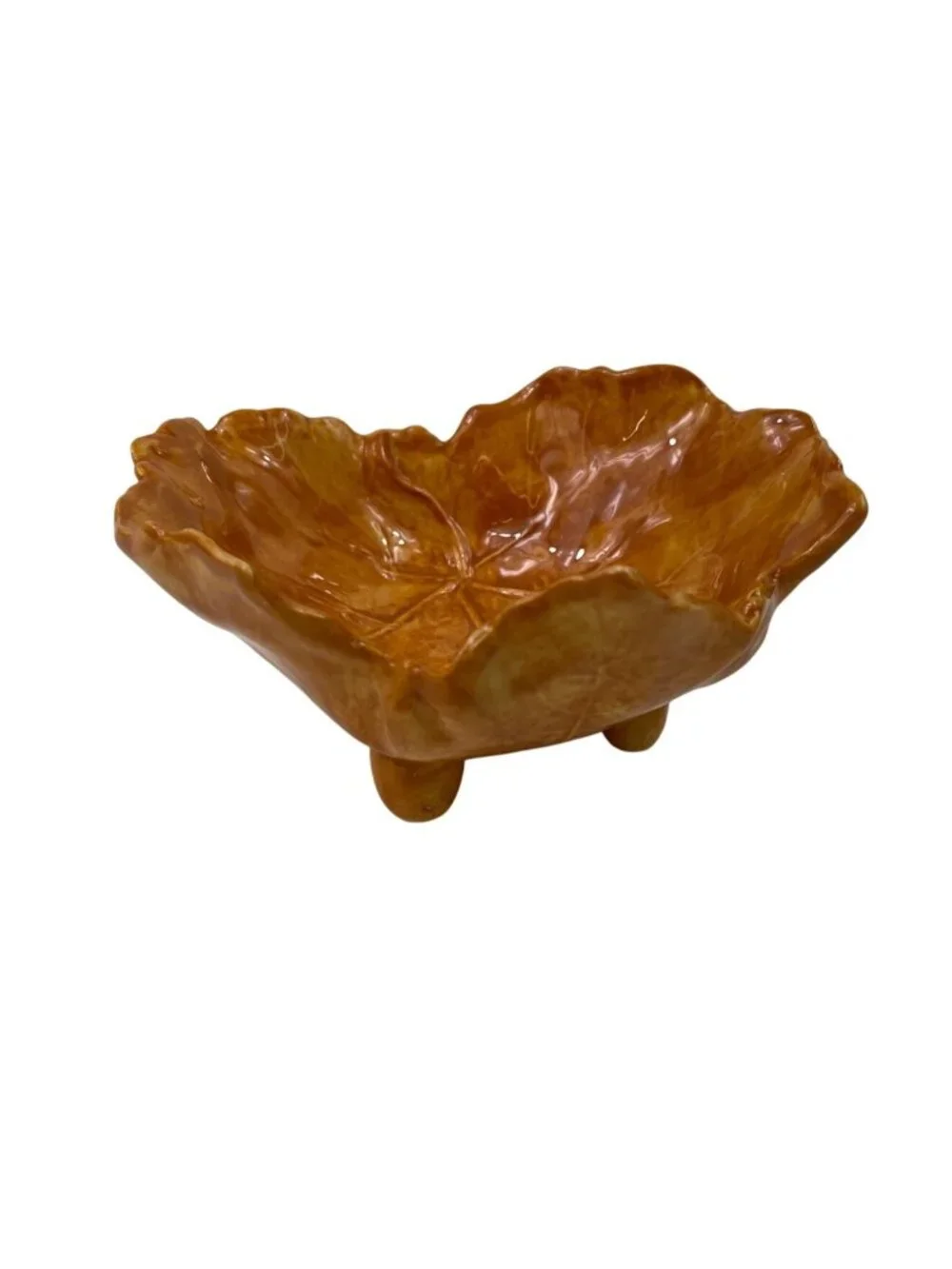 Handcrafted Vintage Leaf-Shaped Pottery Bowl With Pedestal Feet